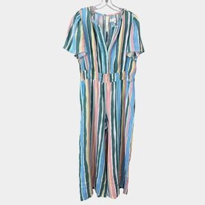 Anthropologie Colorful Striped Linen Jumpsuit V-Neck Flutter Sleeve Wide Leg 1X